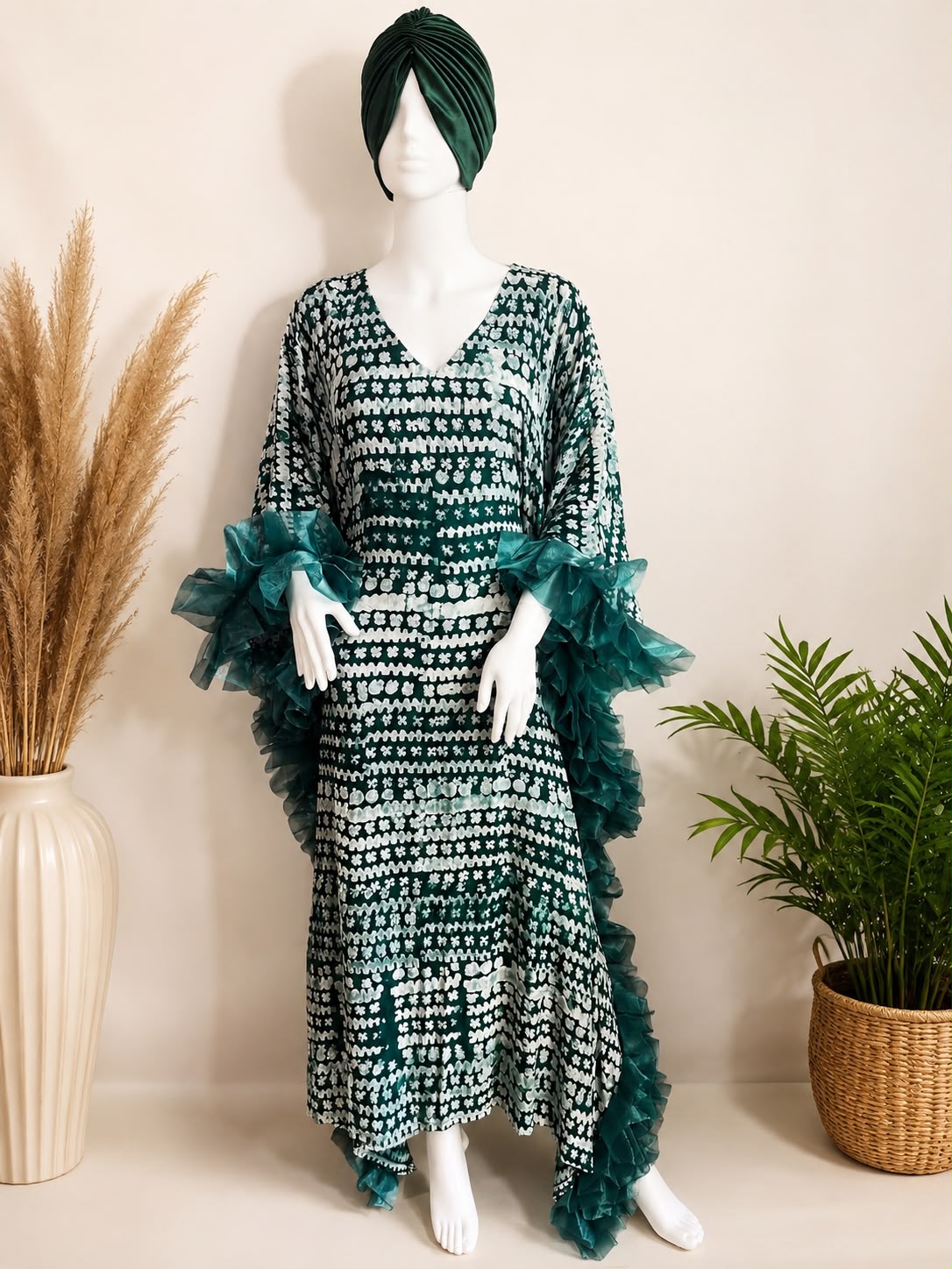 Emerald Elegance African Bubu with Organza ruffle sleeves and matching cap