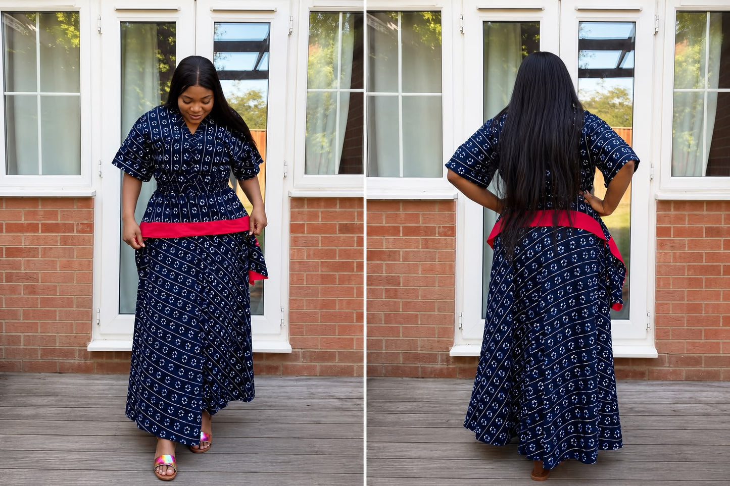 Elegant African Print Peplum Top & Maxi Skirt Set – Black, Blue & Red