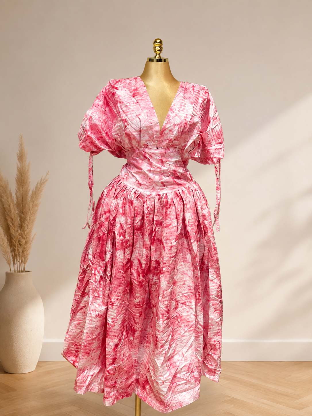 Pink & White Marbled Puff-Sleeve Maxi Dress