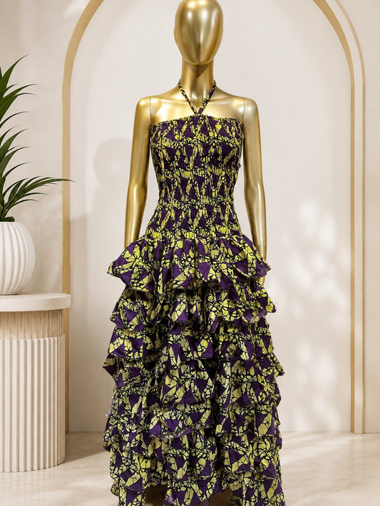 Purple & Lime Tiered Ruffle Ankara Maxi Dress