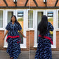 Elegant African Print Peplum Top & Maxi Skirt Set – Black, Blue & Red
