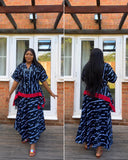 Elegant African Print Peplum Top & Maxi Skirt Set – Black, Blue & Red