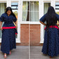 Elegant African Print Peplum Top & Maxi Skirt Set – Black, Blue & Red