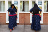 Elegant African Print Peplum Top & Maxi Skirt Set – Black, Blue & Red